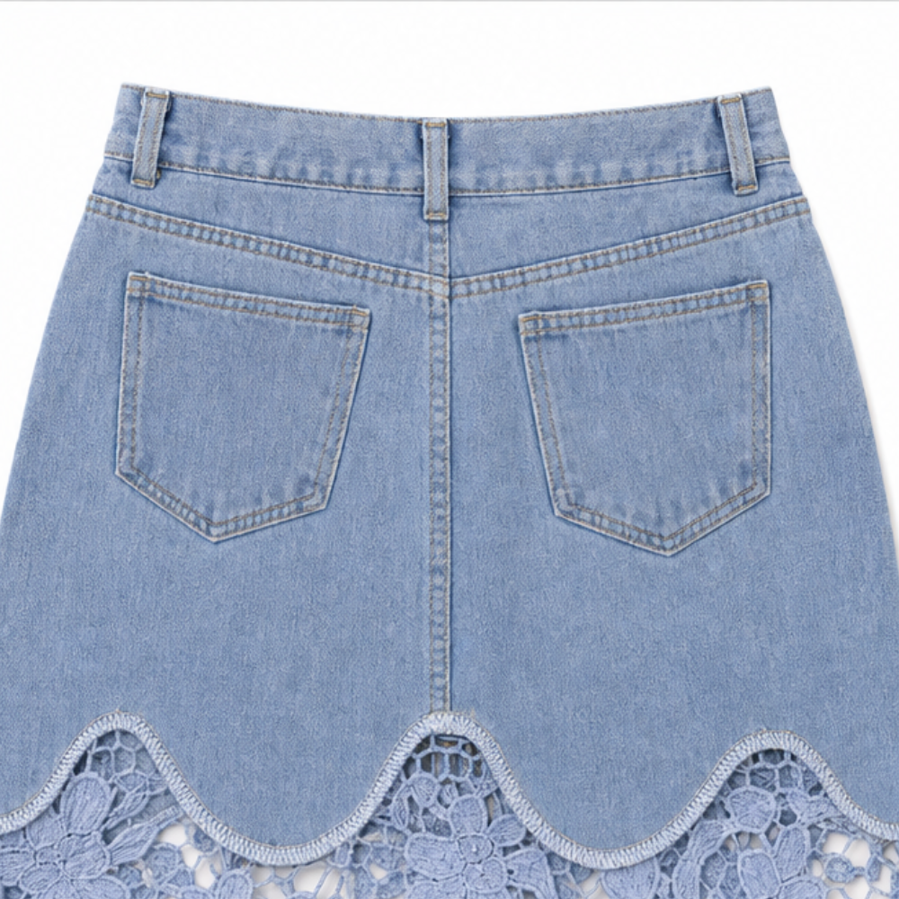 Florenza – Floral lace hem high waist denim maxi skirt with pockets