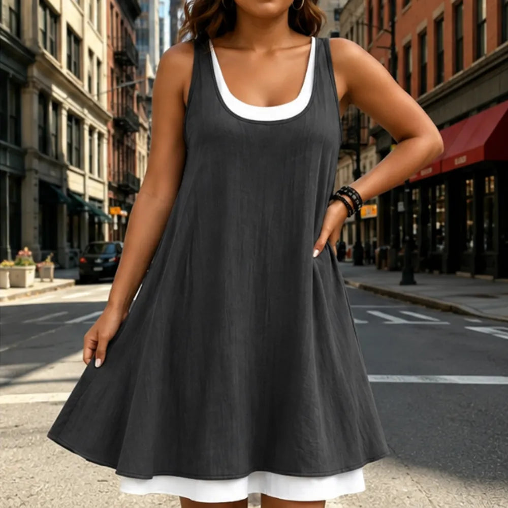 Breezella – Layered Summer Swing Dress, Sleeveless Two-Piece-like Design