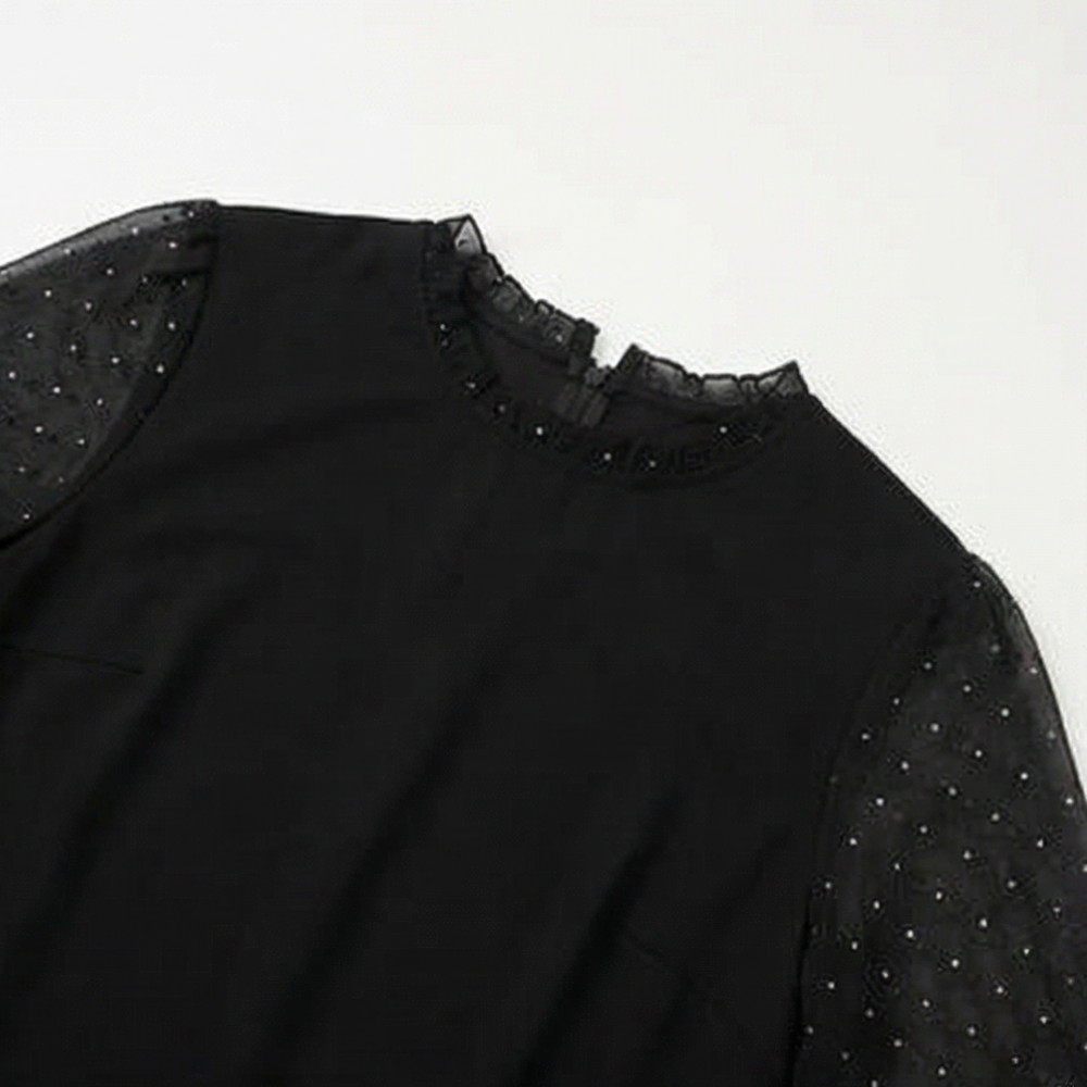 Lumiveil – Rhinestone Mesh Sleeve Dress with Ruffle Hem