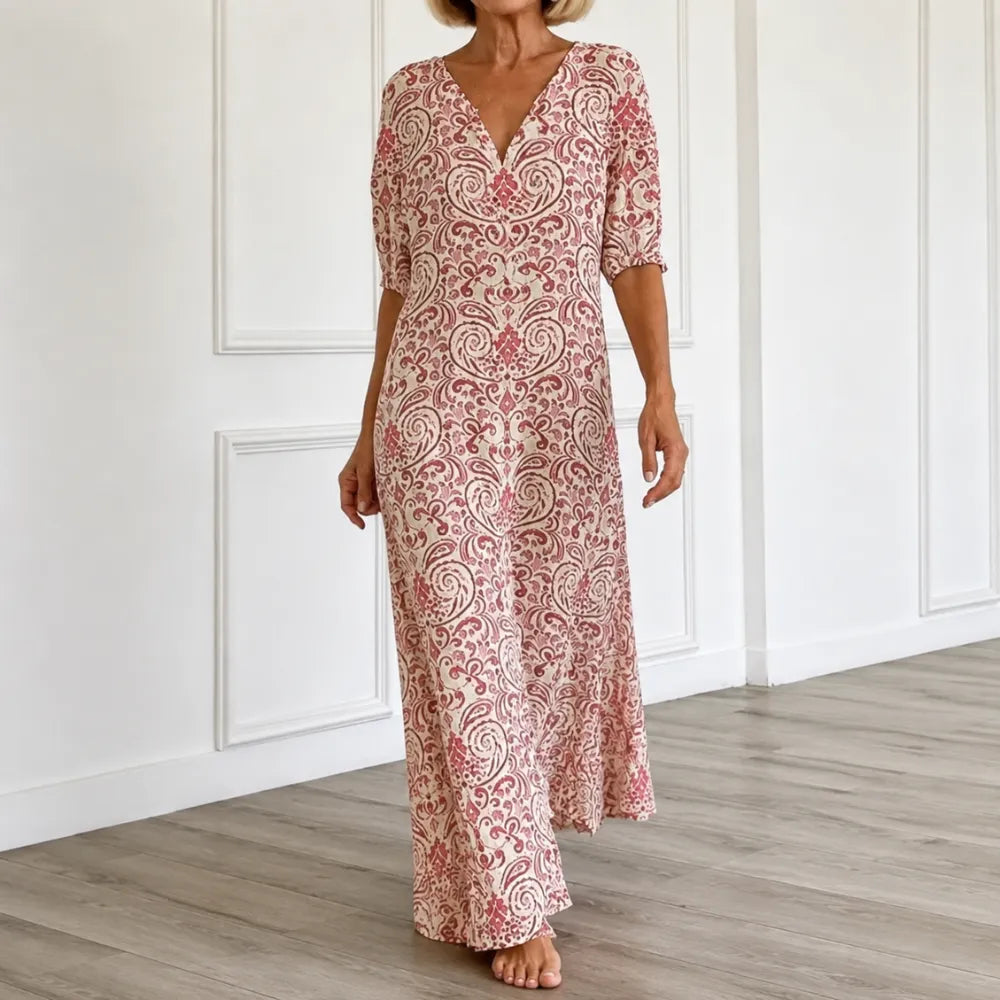Florenza – Vintage Paisley V-Neck A-Line Maxi Dress with Half Sleeves