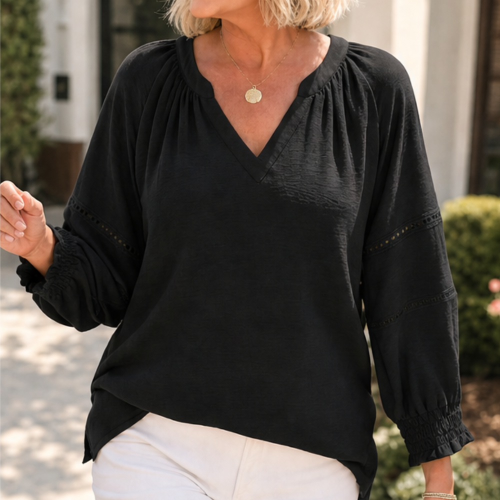 Belvora – Lantern Sleeve V-Neck Blouse