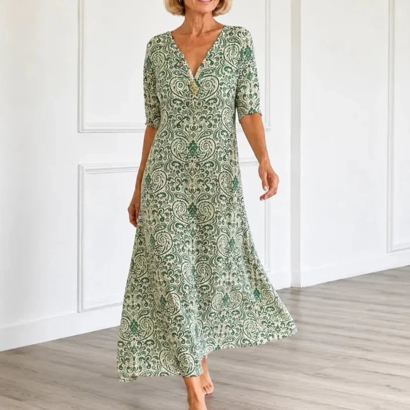 Florenza – Vintage Paisley V-Neck A-Line Maxi Dress with Half Sleeves
