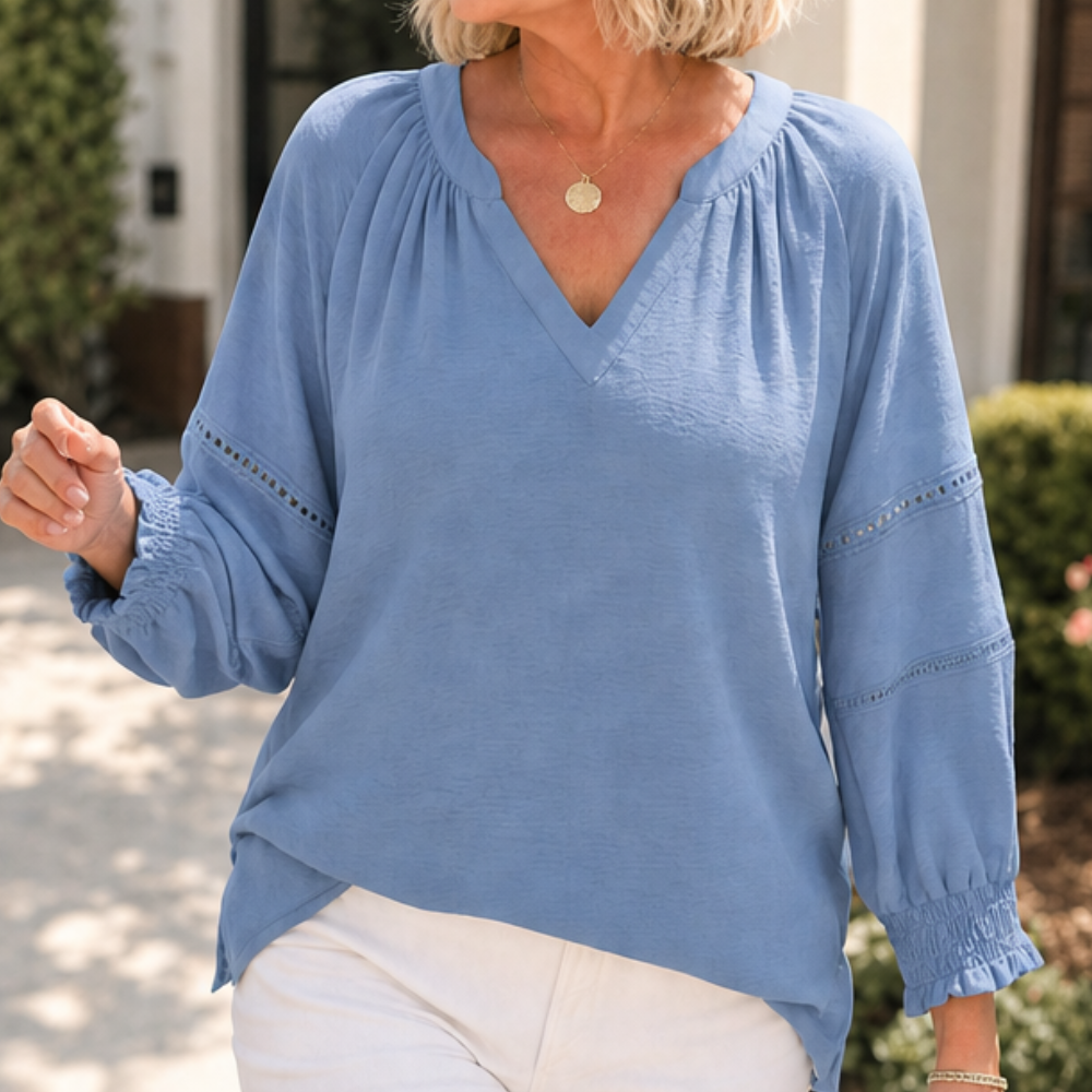 Belvora – Lantern Sleeve V-Neck Blouse