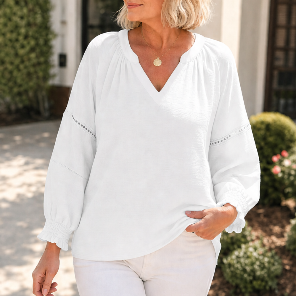 Belvora – Lantern Sleeve V-Neck Blouse