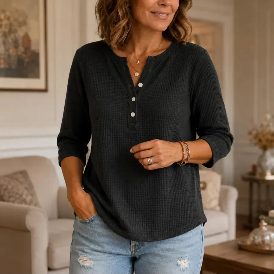 Loravia – Waffle Knit-look Henley Top with Button Placket, 3/4 Sleeve