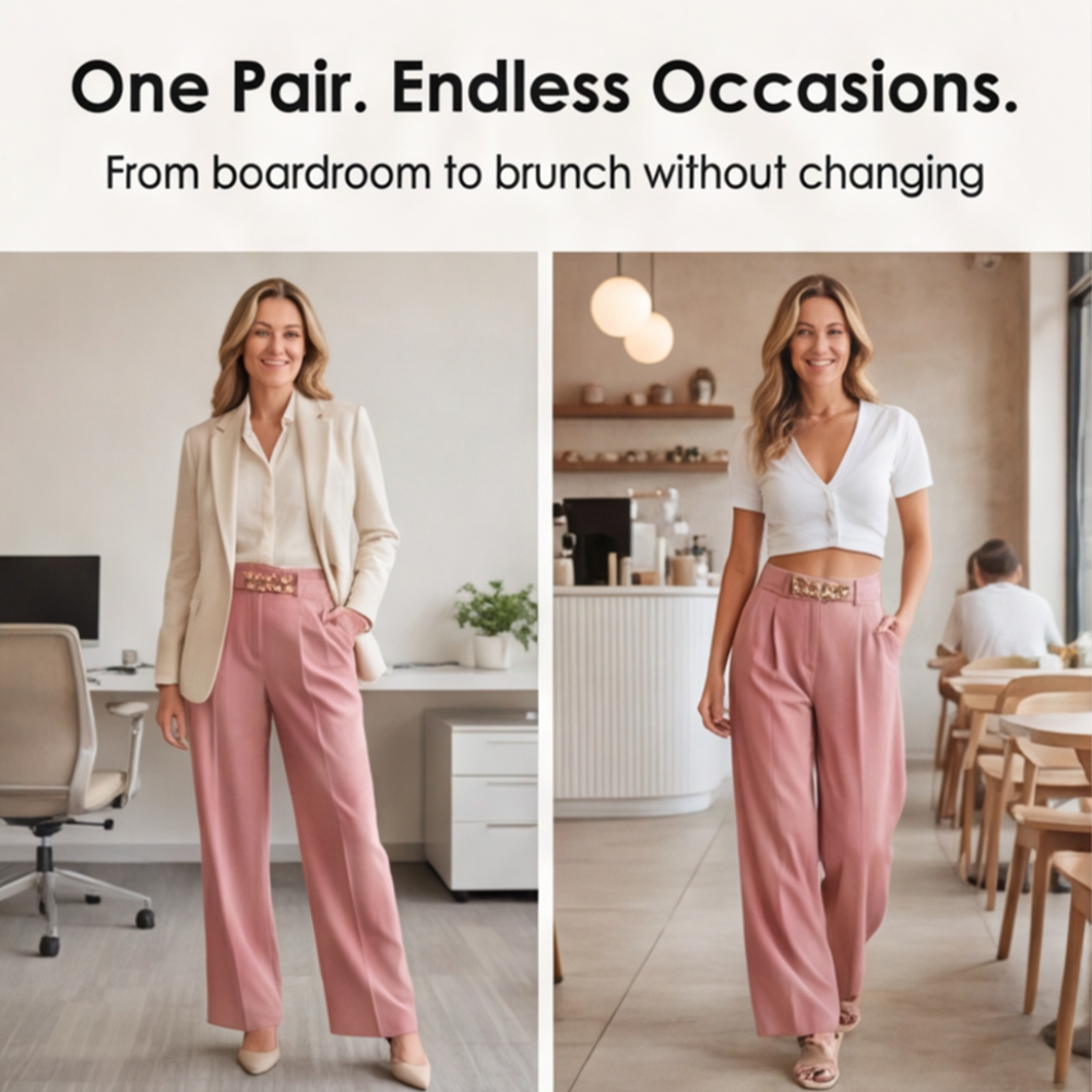 Florena – High Waist Wide Leg Trousers with Chain Accent