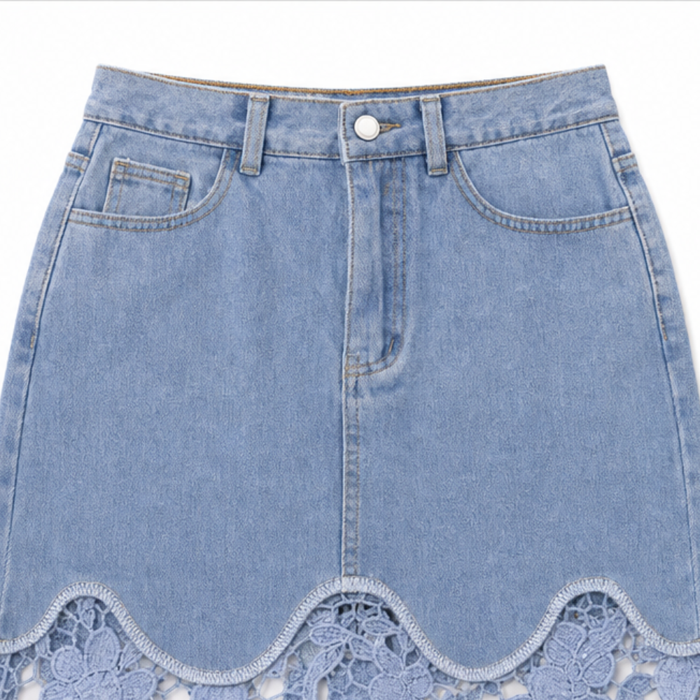 Florenza – Floral lace hem high waist denim maxi skirt with pockets