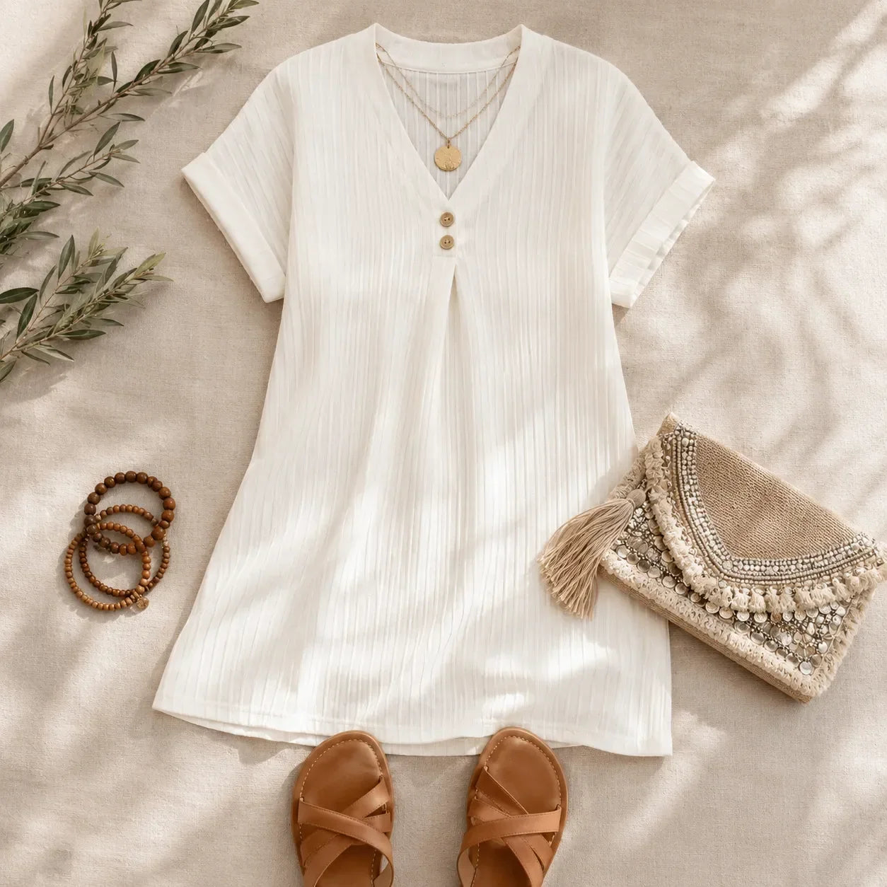 Linora – Ribbed V-Neck Shift Dress with Rolled Short Sleeves