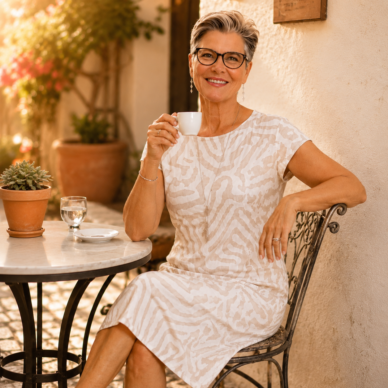 Ingrid – Linen Look Midi Shift Dress with Abstract Print, Cap Sleeve