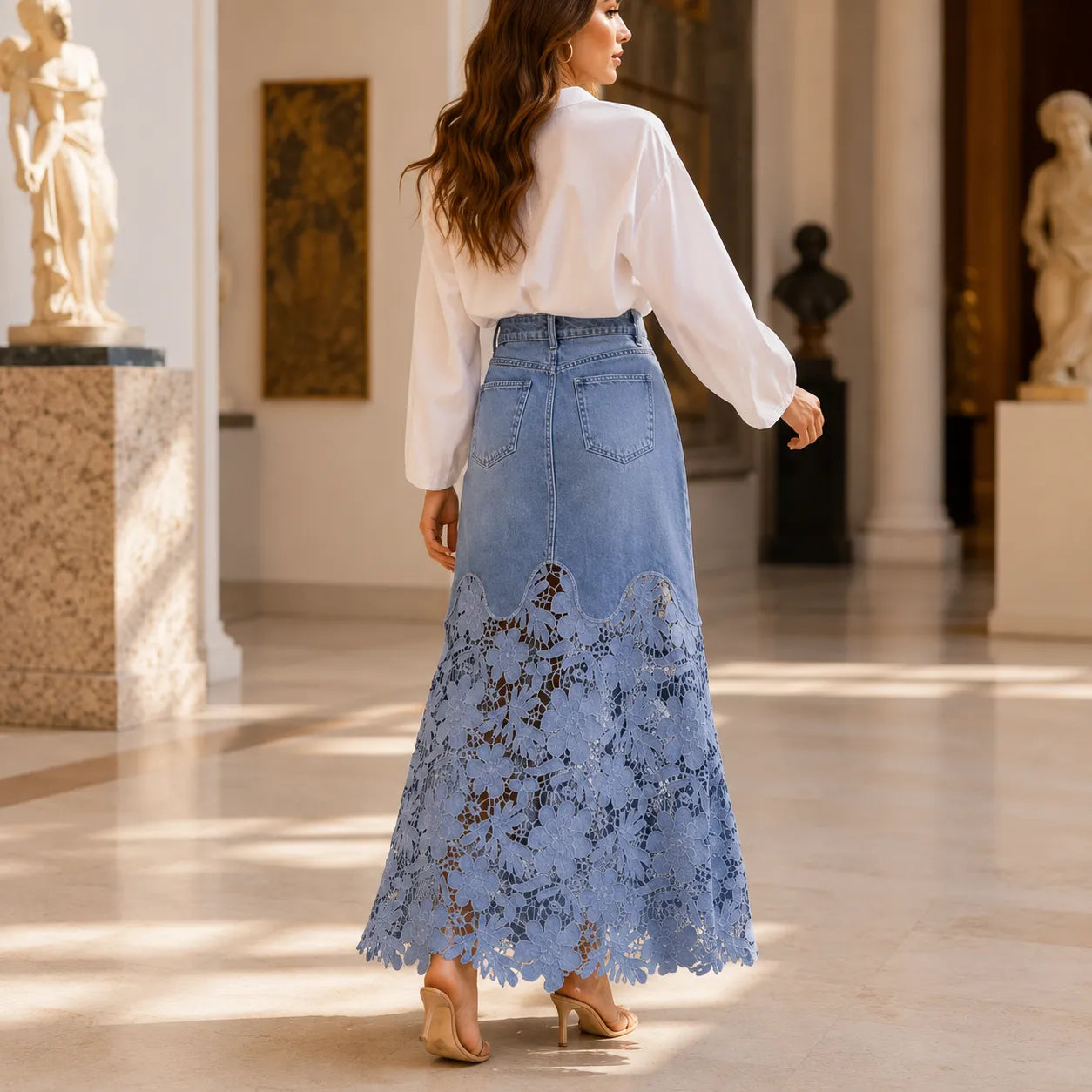 Florenza – Floral lace hem high waist denim maxi skirt with pockets
