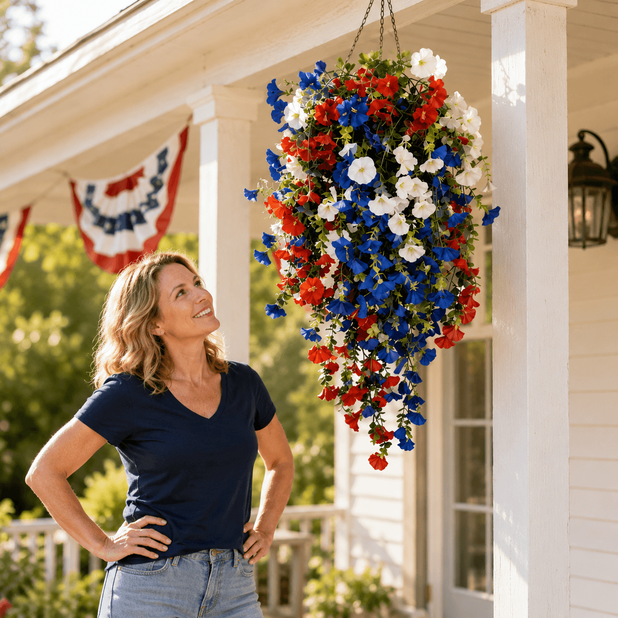 Liberty Bloom – Patriotic Hanging Flower Basket with LED Lights, Red White Blue Silk Blooms for July 4th Porch Decor