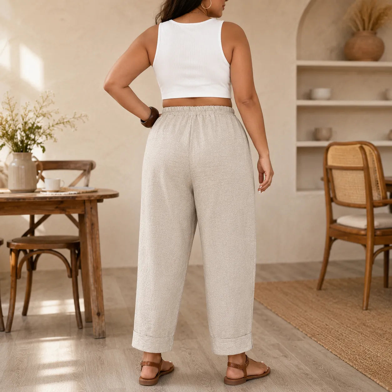 Loriane – Women's Cuffed Ankle Pull-On Pants, Relaxed Fit, Elastic Waist