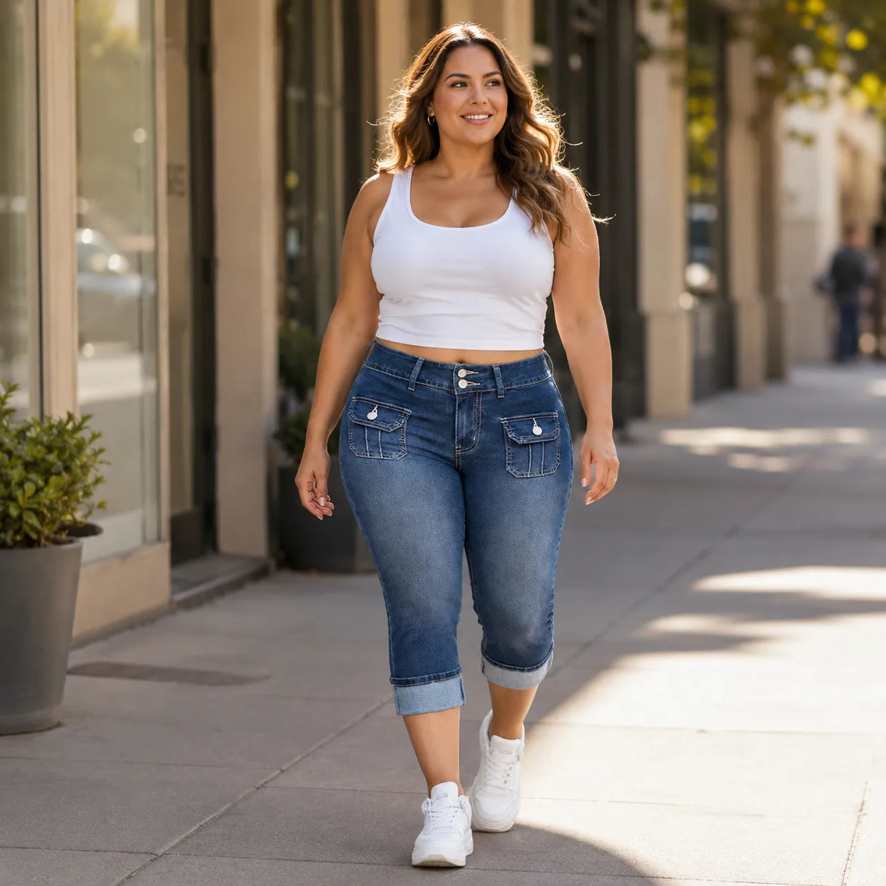 Curvella – Curvy Fit Stretch Denim-like Capri Jeans, Mid Rise Cuffed Hem