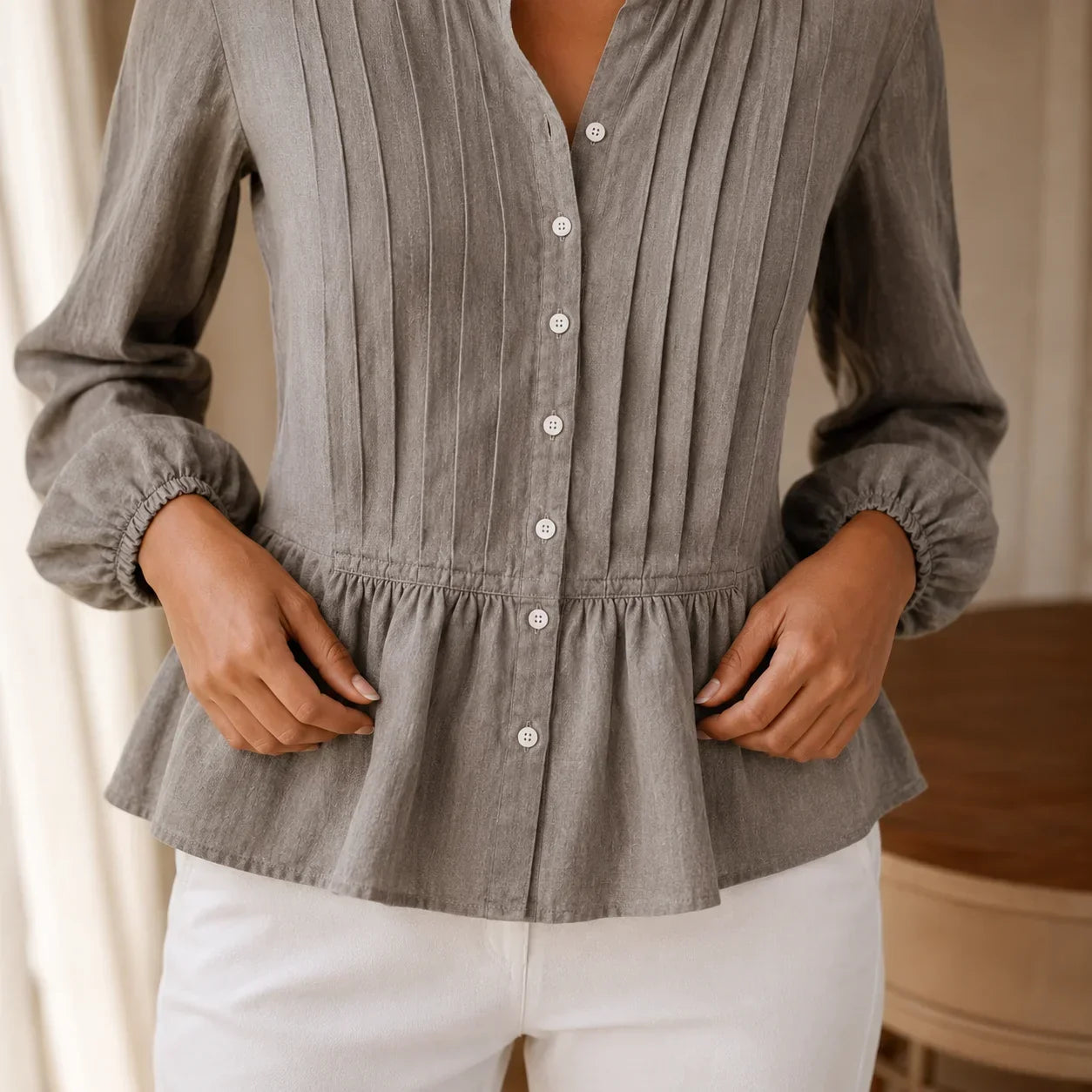 Lunavelle – Pintuck Peplum Button-Up Blouse