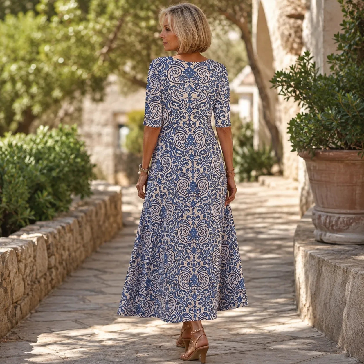 Florenza – Vintage Paisley V-Neck A-Line Maxi Dress with Half Sleeves