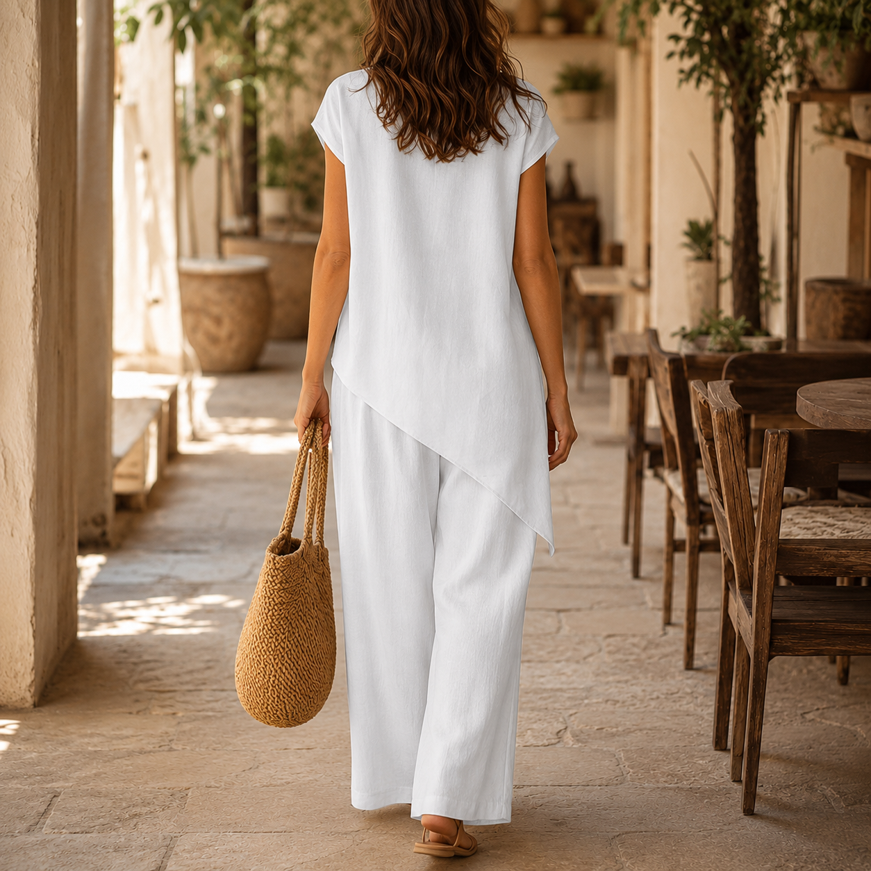 Elovena – Asymmetric Hem Matching Set with Wide-Leg Pants