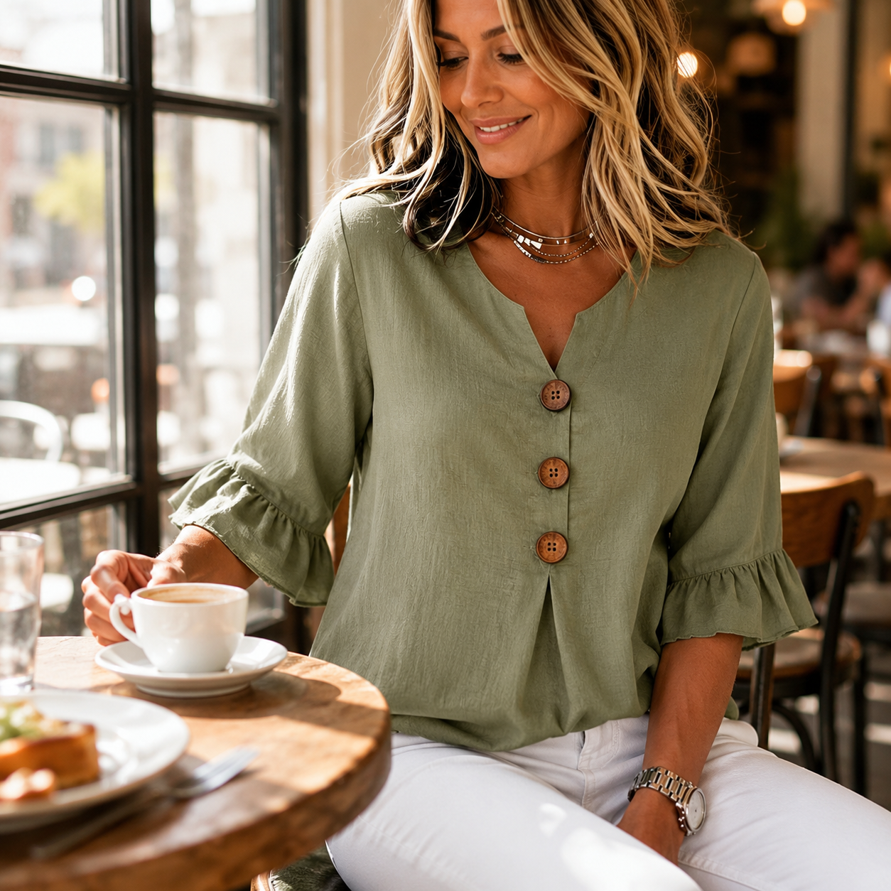 Laurelle – V-Neck Ruffle Sleeve Blouse with Buttons