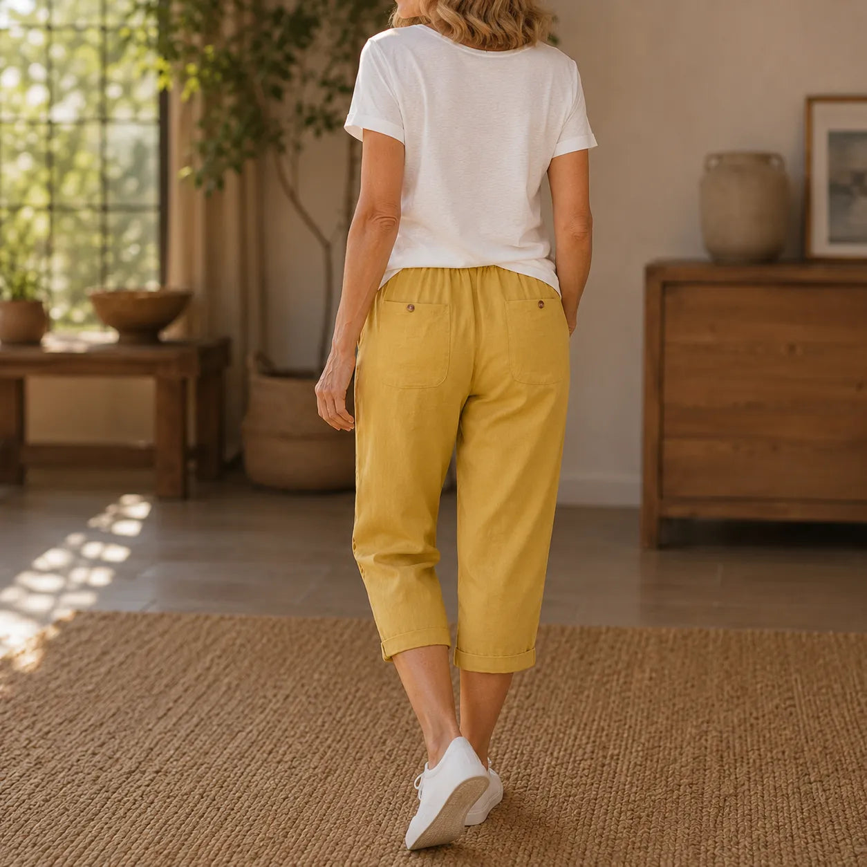 Loravie – Eyelet Trim Cotton-Linen-like Capri Pants with Drawstring Waist