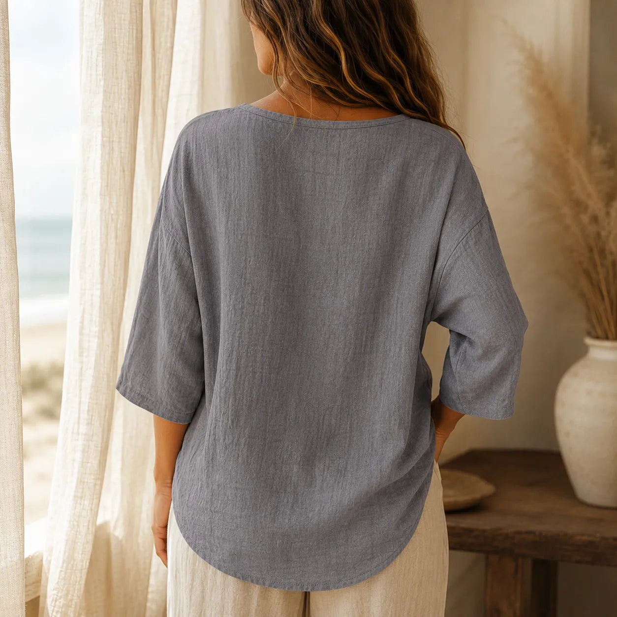 Linvie – Loose V-Neck Linen-Look Blouse with Three-Quarter Sleeves