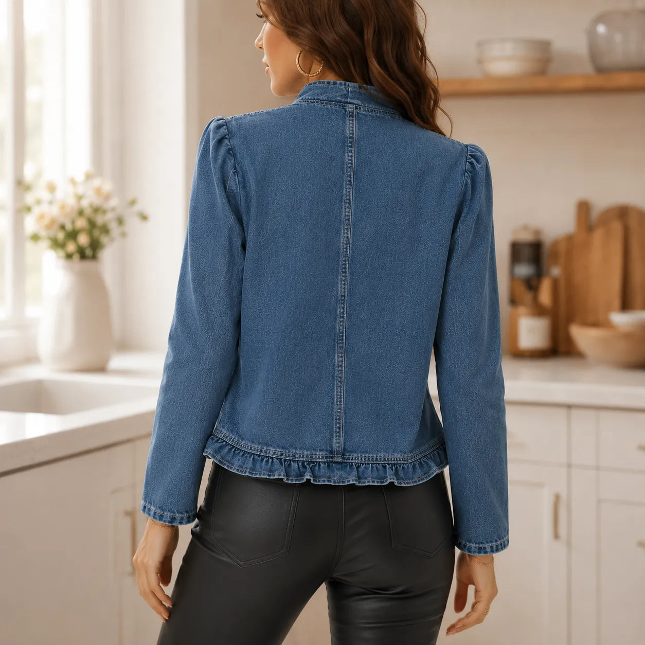 Florelle – Open Front Ruffle Trim Denim-look Jacket for Women