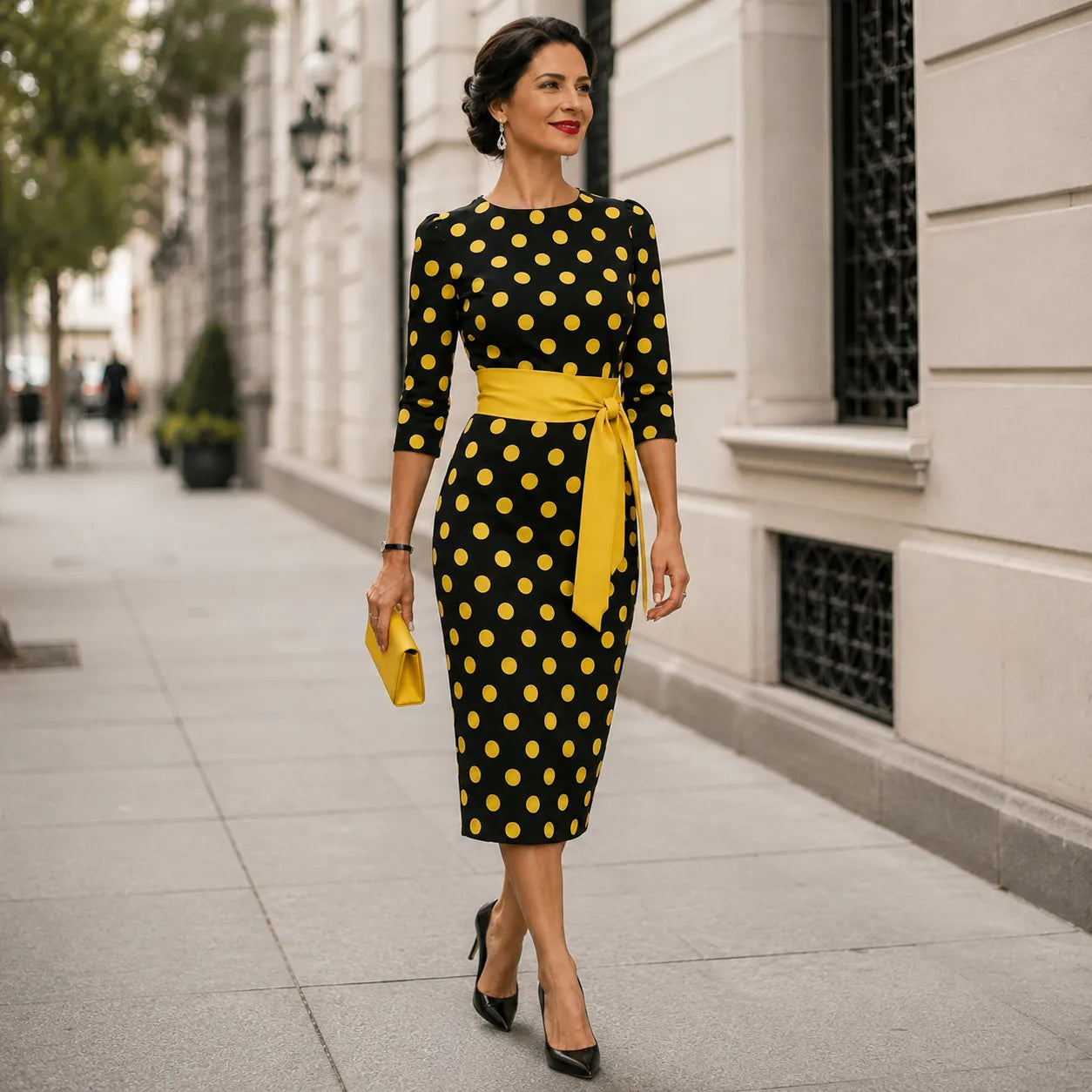Belora – Retro Polka Dot Midi Dress with Belted Waist