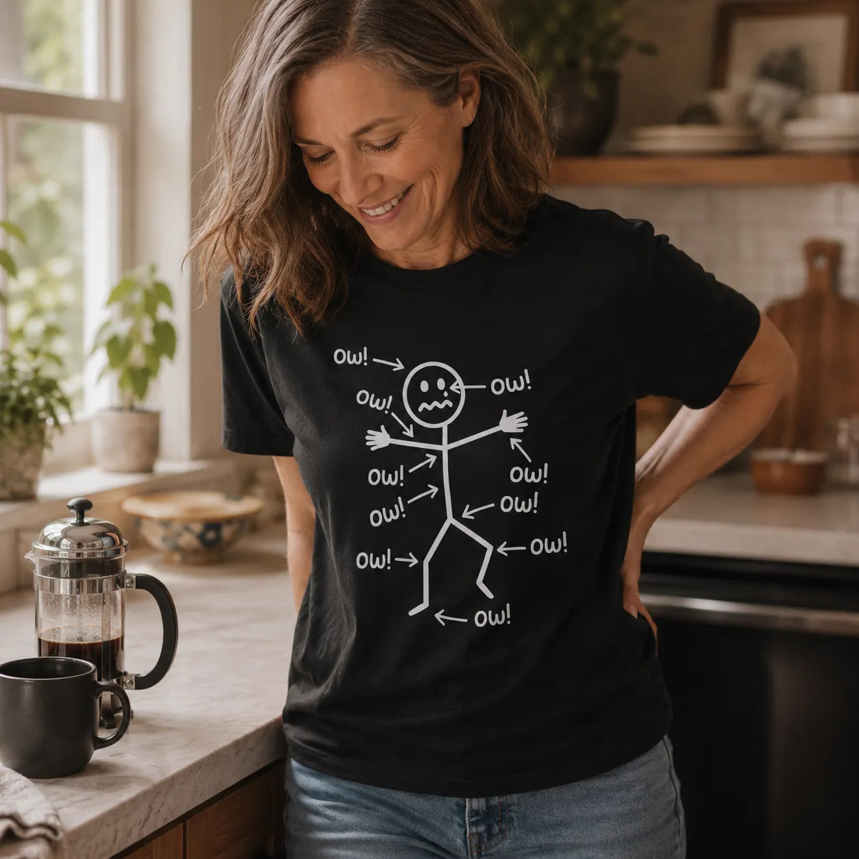 Achewear – Funny "Ow!" Stick Figure Graphic Tee, Relaxed Fit Cotton-like T-Shirt for Women & Men