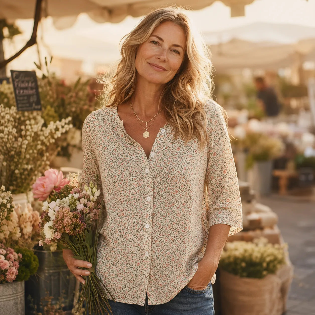 Florenne – Ditsy Floral Blouse with Buttons and 3/4 Sleeves