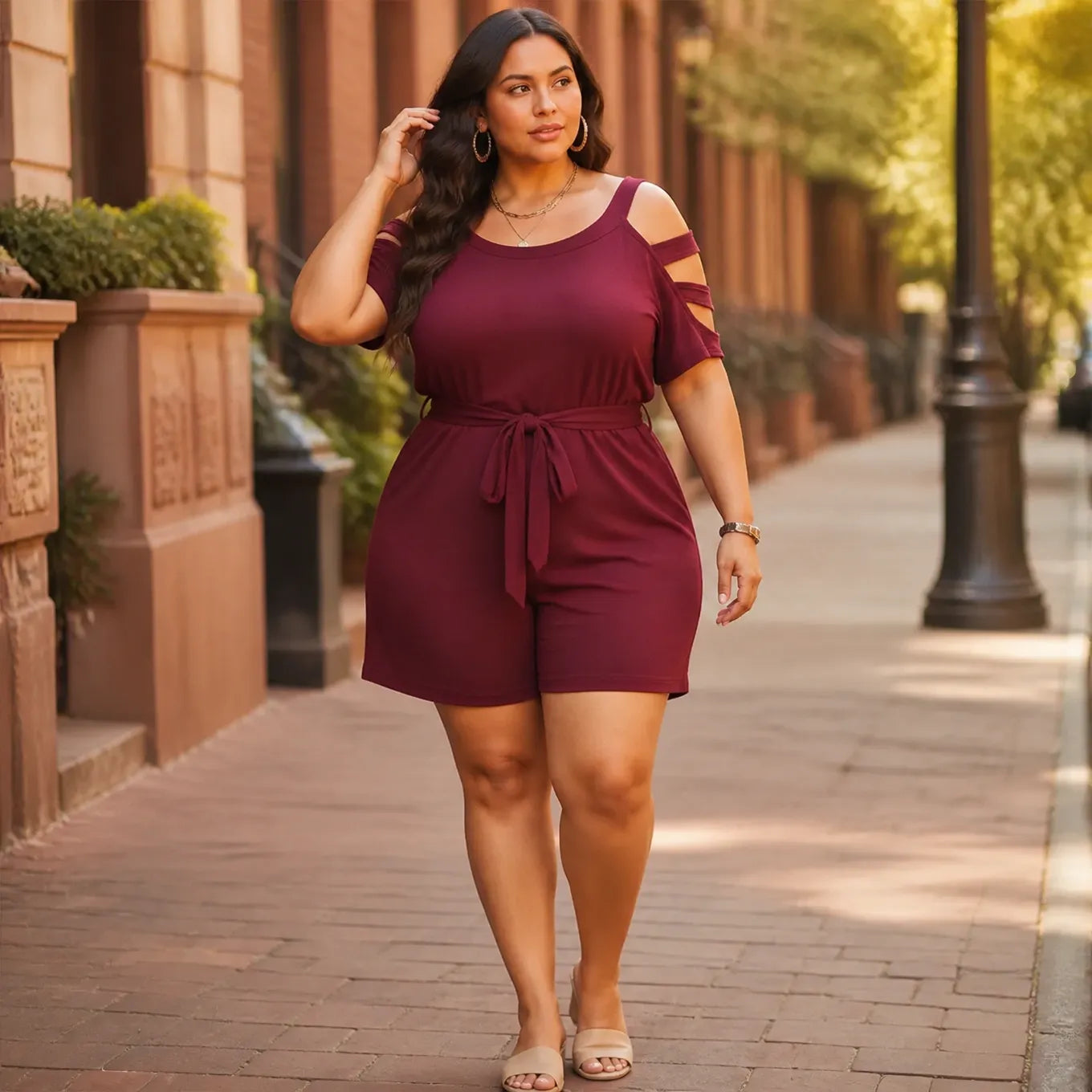 Curvella – Cold-Shoulder Belted Romper with Tie Waist & Pockets