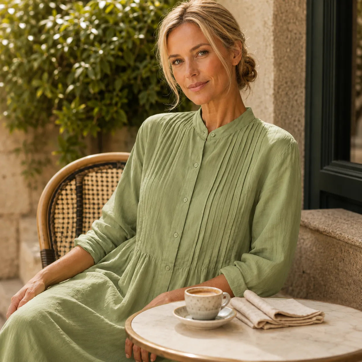 Costera – Flowy Pintuck Shirt Dress, Linen-look, Midi Length
