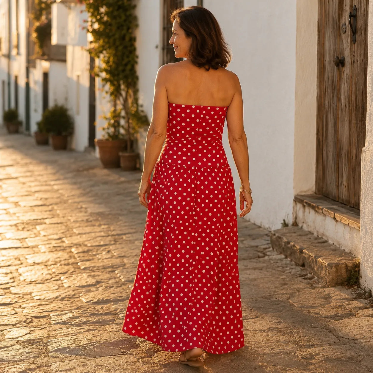 Doretta – Strapless Polka Dot Ruched Maxi Dress