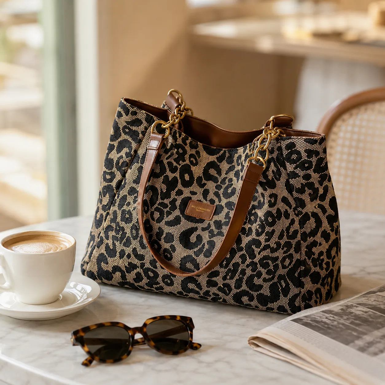 Florella – Woven Leopard Print Tote Bag with Leather Trim and Gold Chain