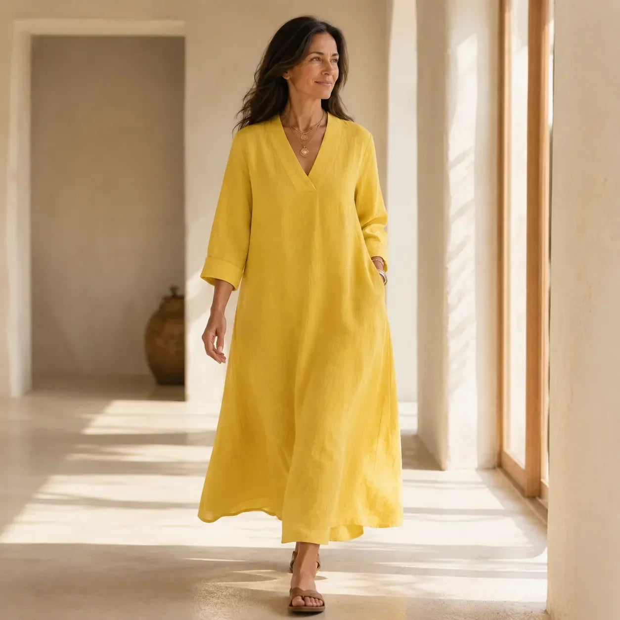 Lunara – Linen-Look V-Neck A-Line Maxi Dress with Pockets