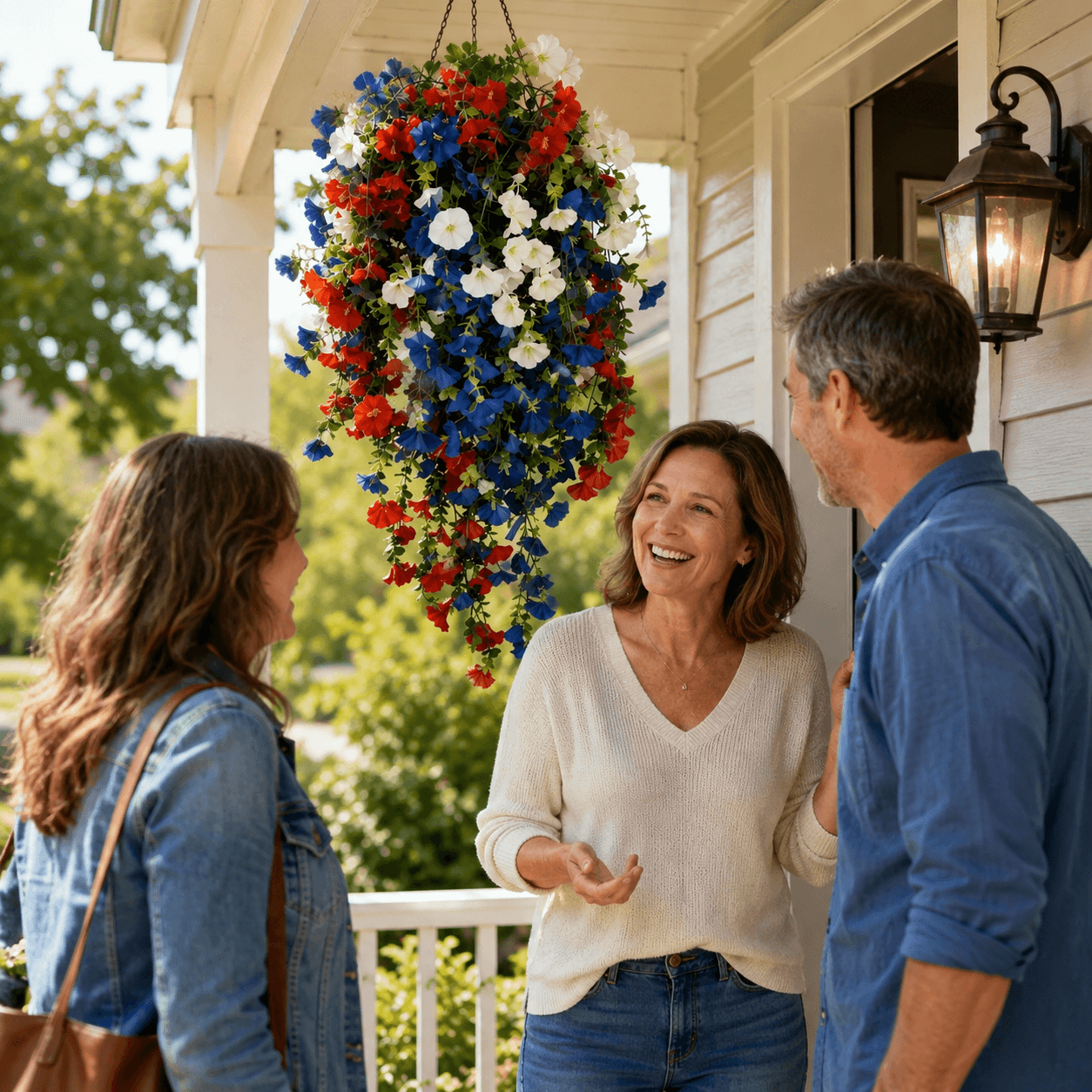 Liberty Bloom – Patriotic Hanging Flower Basket with LED Lights, Red White Blue Silk Blooms for July 4th Porch Decor