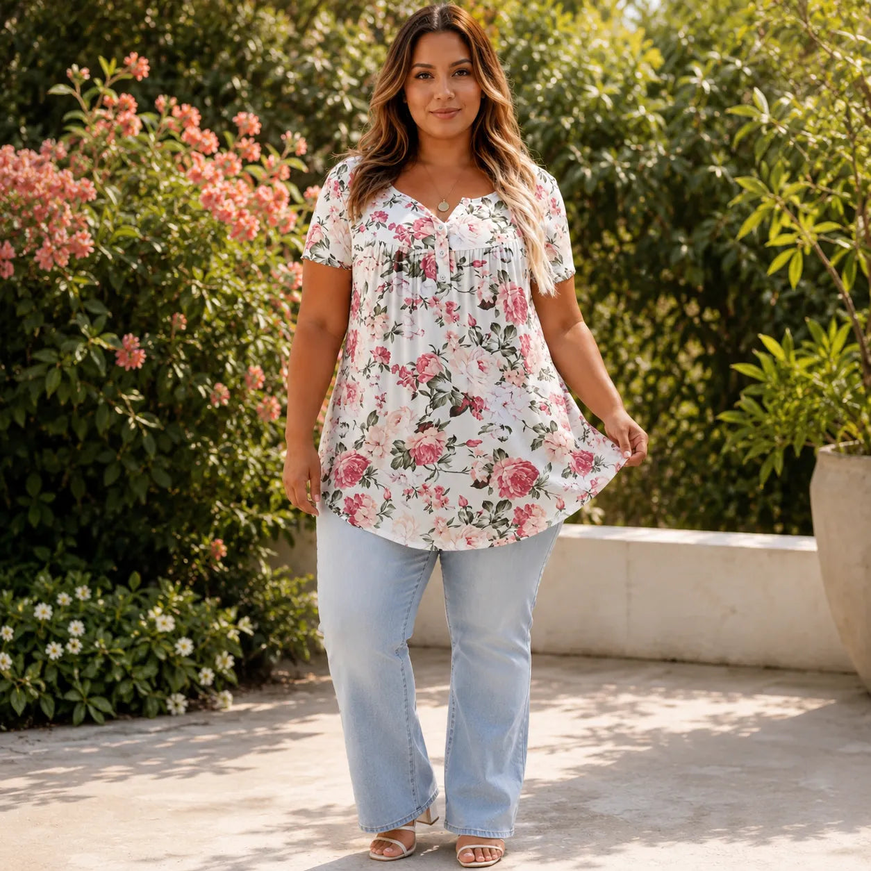 Florenza – Women's Floral Pleated Henley Tunic Top, Flowy Short Sleeve V-Neck Button Up Shirt for Jeans