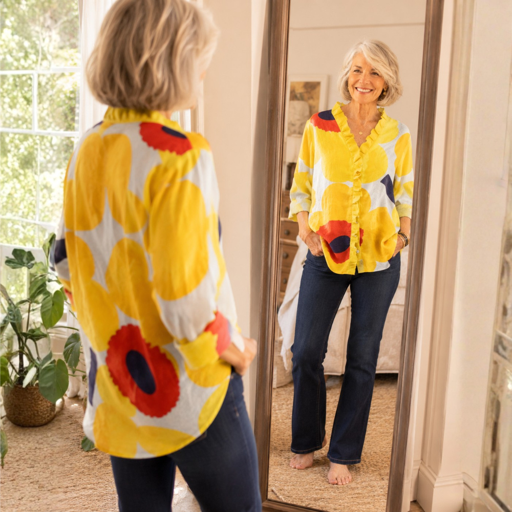 Emma – Ruffle Front V Neck Artistic Print Tunic Blouse for Women