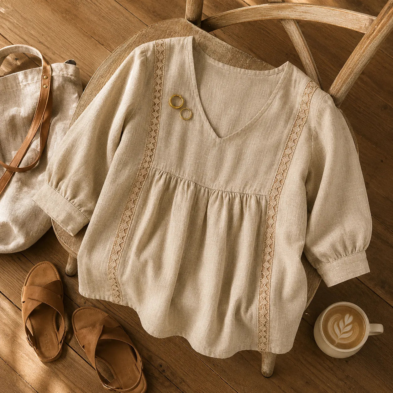 Liorelle – Lace Trim V Neck Babydoll Blouse for Women