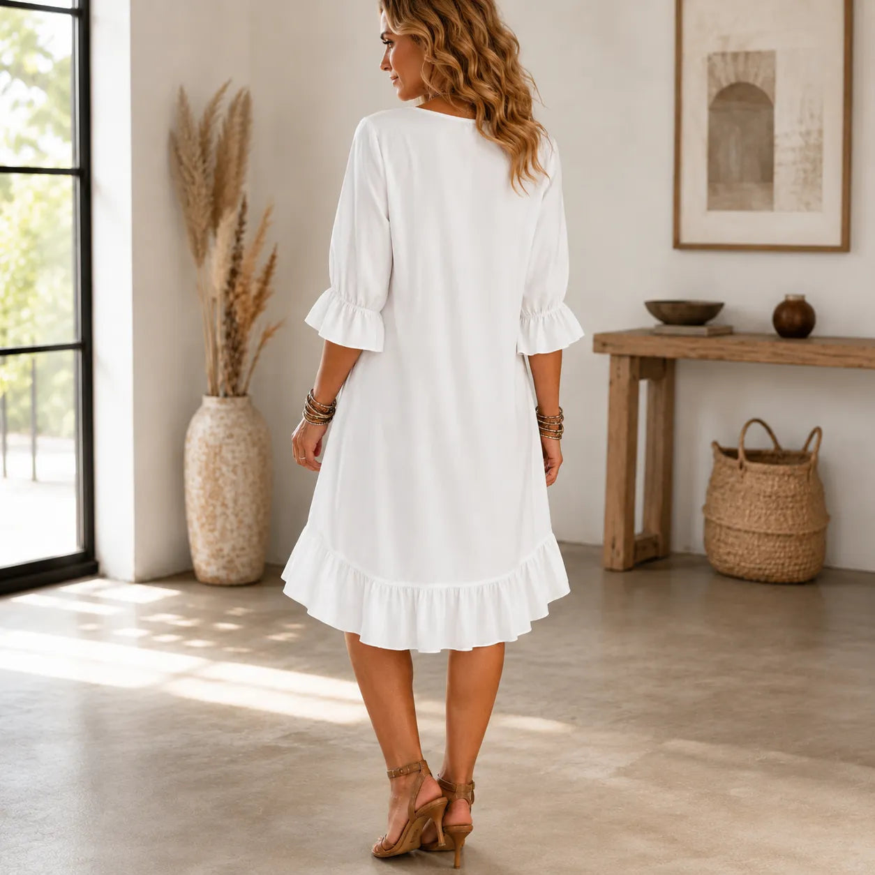 Florenza – Ruffle Hem Midi Dress with Bell Sleeves