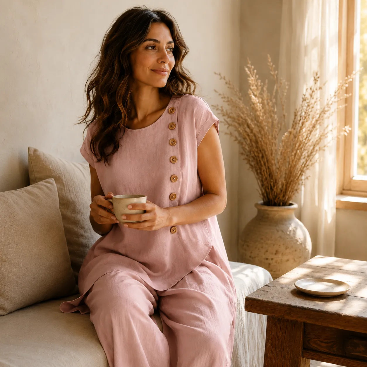 Elovena – Asymmetric Hem Matching Set with Wide-Leg Pants