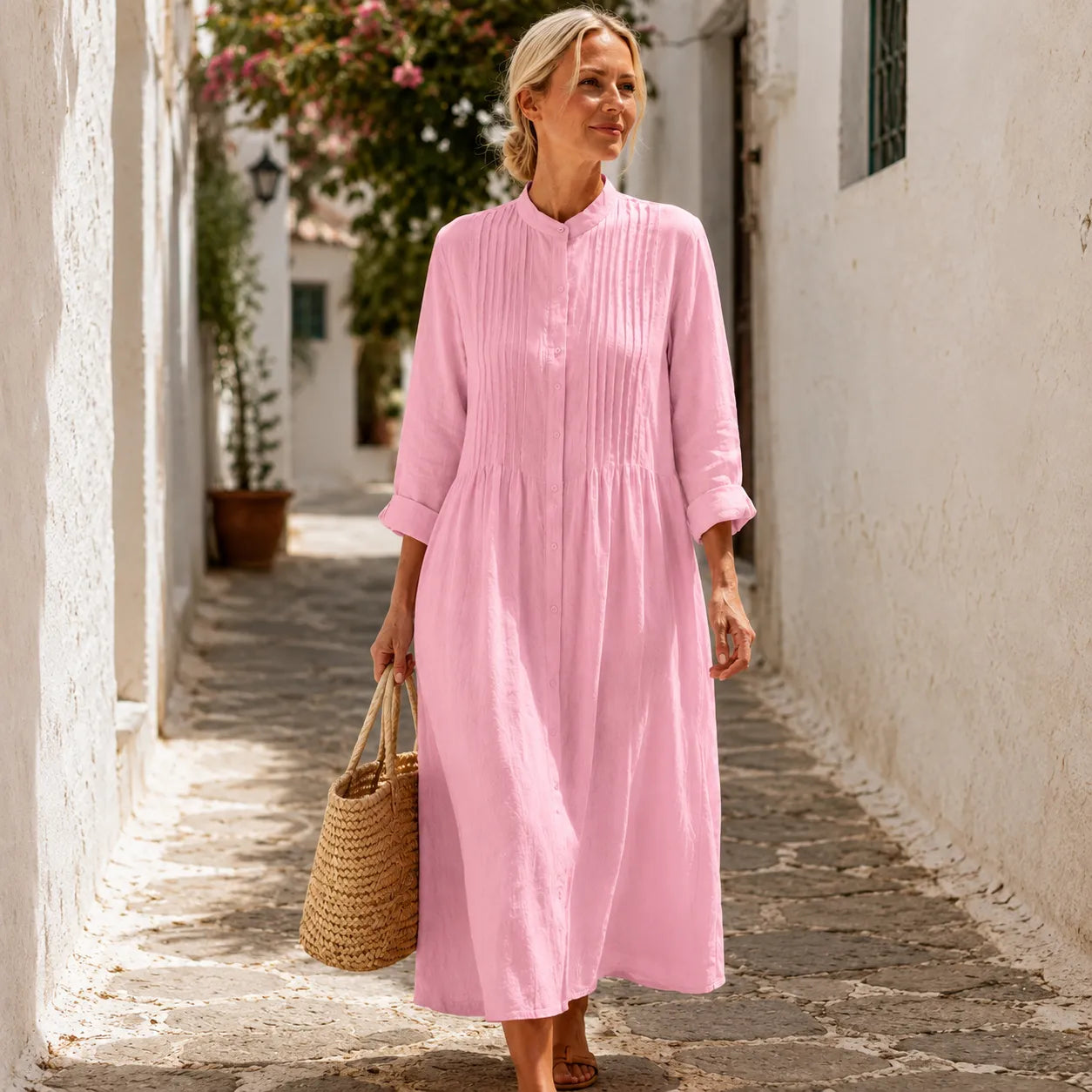 Costera – Flowy Pintuck Shirt Dress, Linen-look, Midi Length