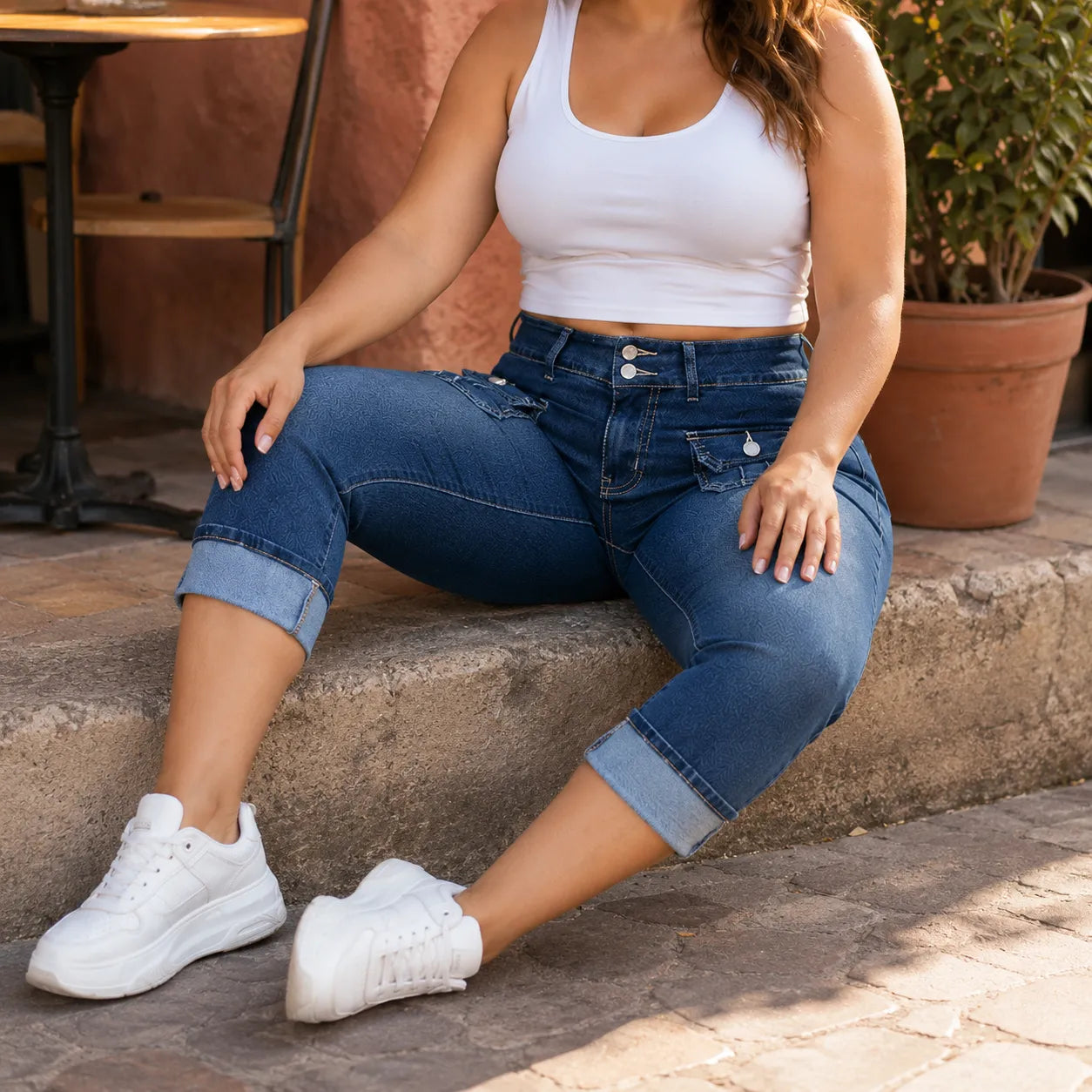 Curvella – Curvy Fit Stretch Denim-like Capri Jeans, Mid Rise Cuffed Hem