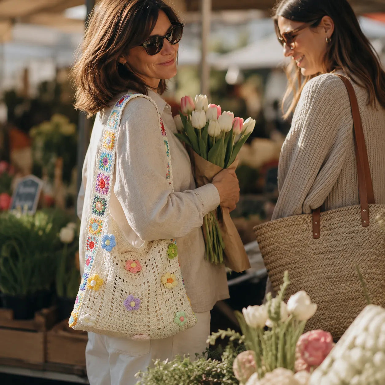 Florenza – Hand-Crocheted Floral Shoulder Bag for Women, Boho Granny-Square Tote with 3D Flowers