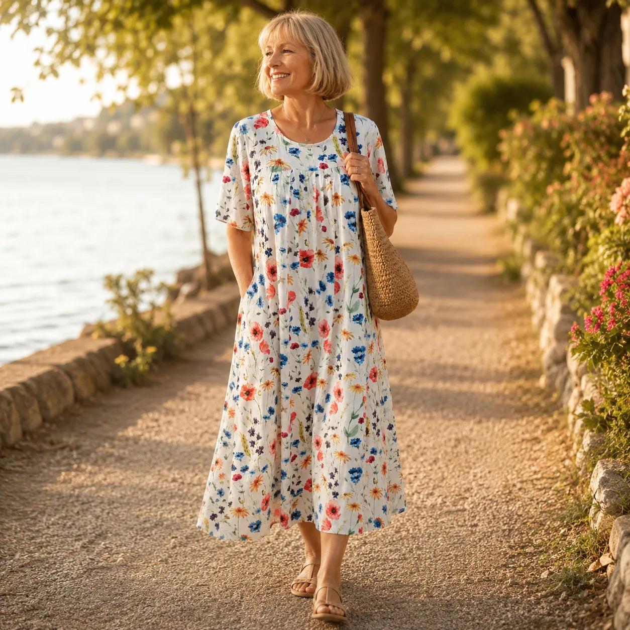 Fiorella – Floral Print Cotton-like Midi Dress with Pockets