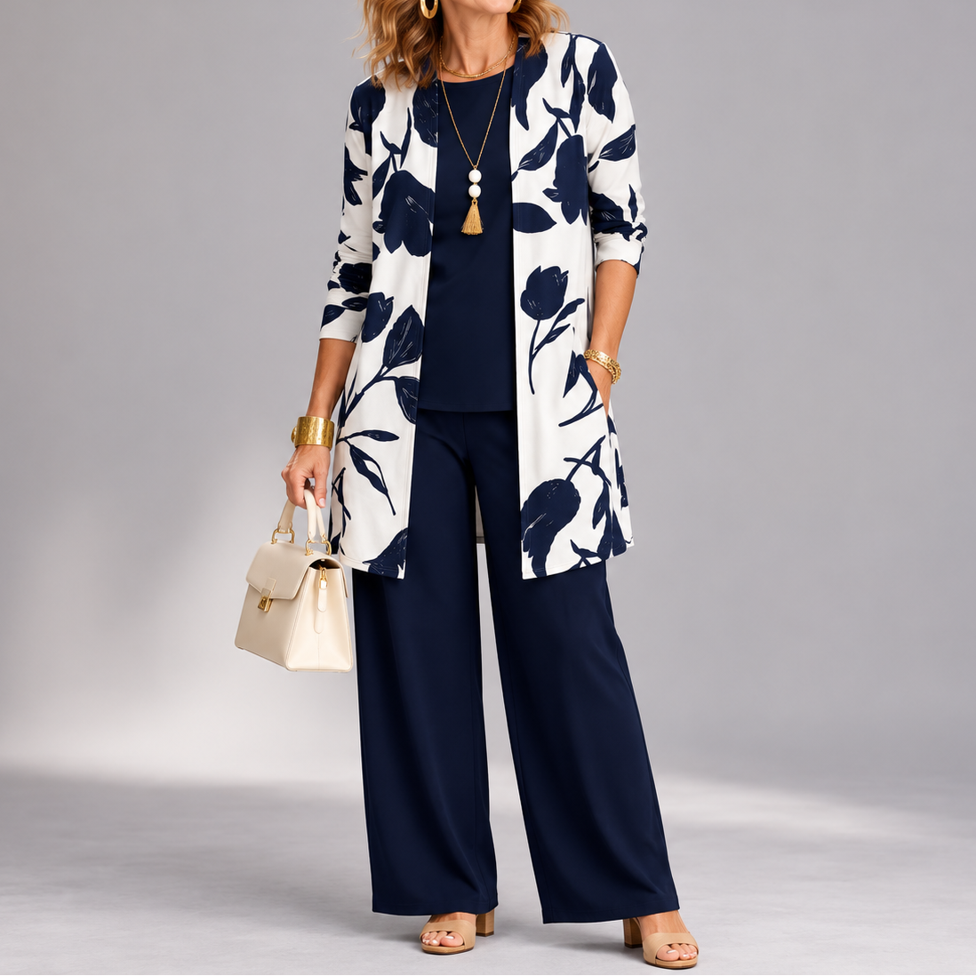 Evania – Women's Navy Botanical 3 Piece Outfit Set with Longline Cardigan
