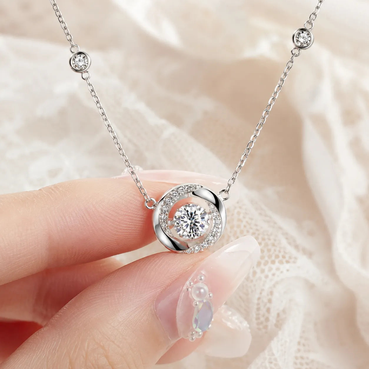 Lunavia – Floating Stone Silver Necklace with Pavé Halo