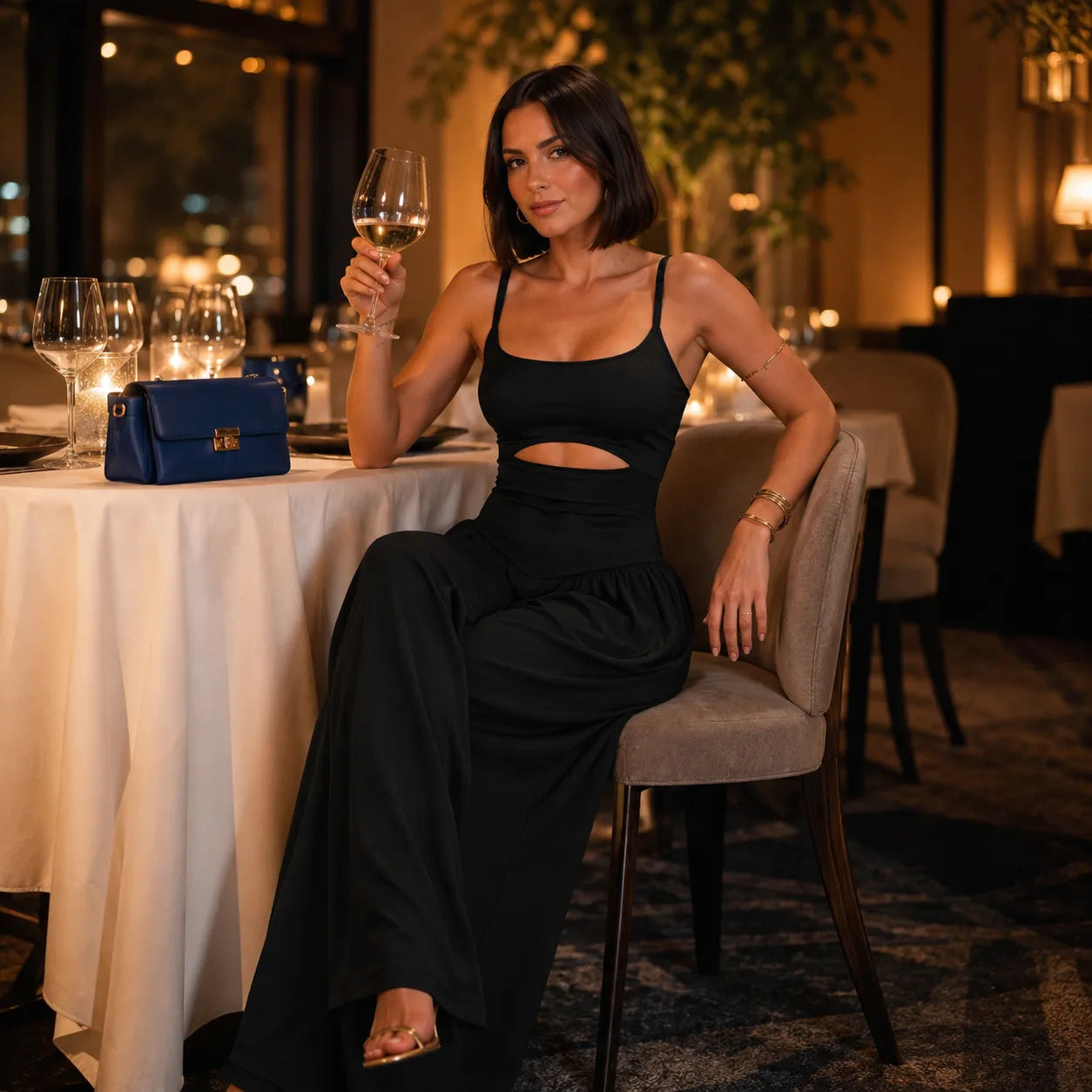 Florenza – Sleeveless Cutout Wide Leg Jumpsuit with Adjustable Back Tie