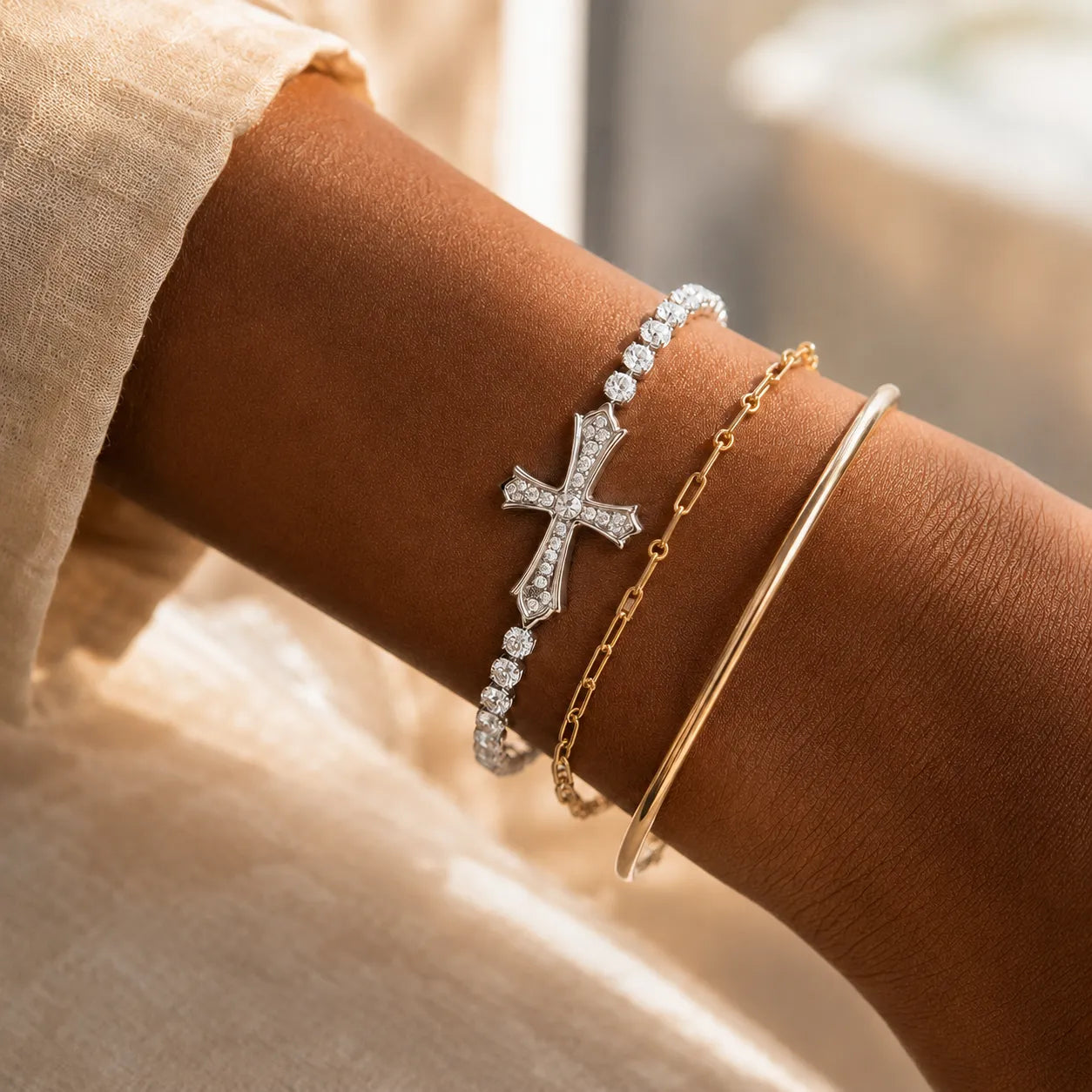 Lumière – Pavé Zircon Cross Tennis Bracelet in Silver or Gold