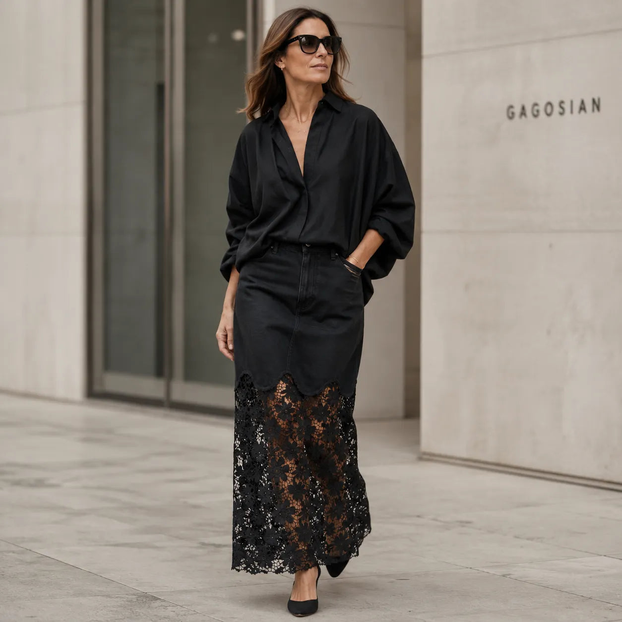 Florenza – Floral lace hem high waist denim maxi skirt with pockets