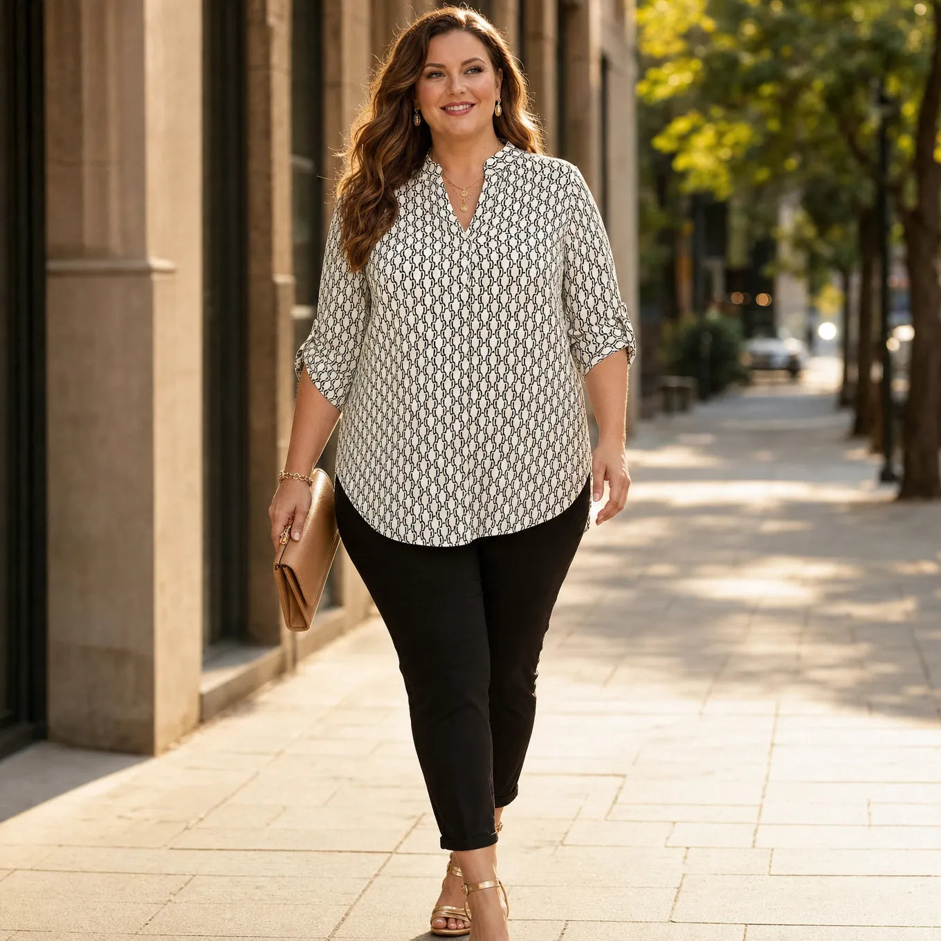Drapella – Geometric Print V-Neck Tunic Blouse with Roll-Tab Sleeves