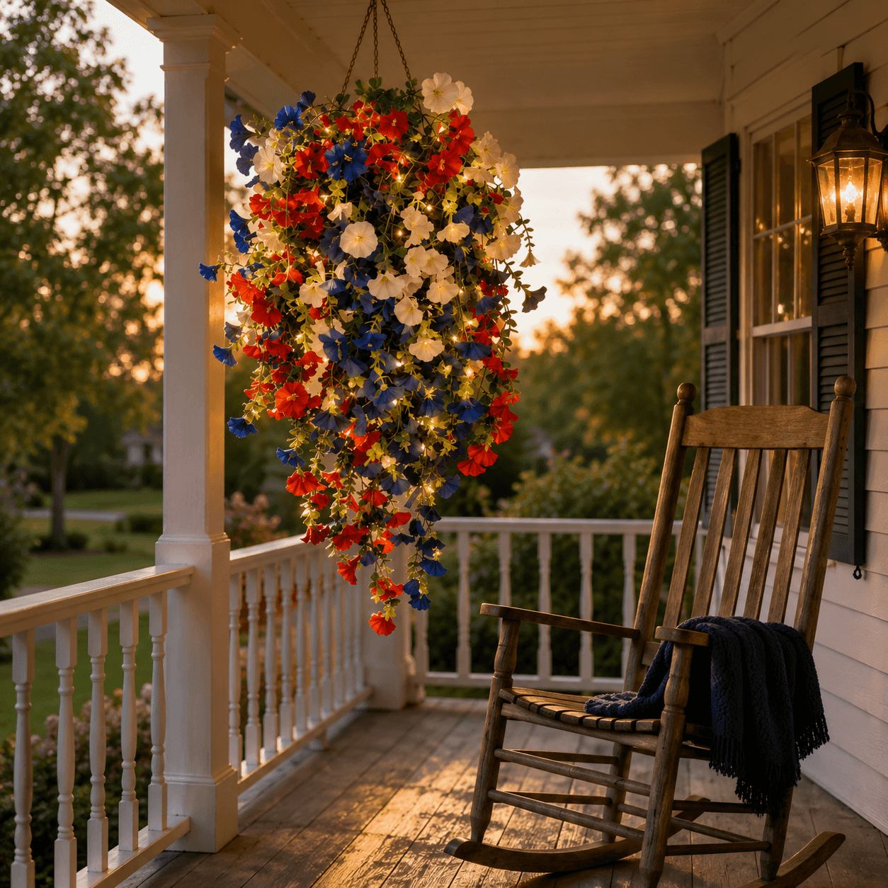 Liberty Bloom – Patriotic Hanging Flower Basket with LED Lights, Red White Blue Silk Blooms for July 4th Porch Decor