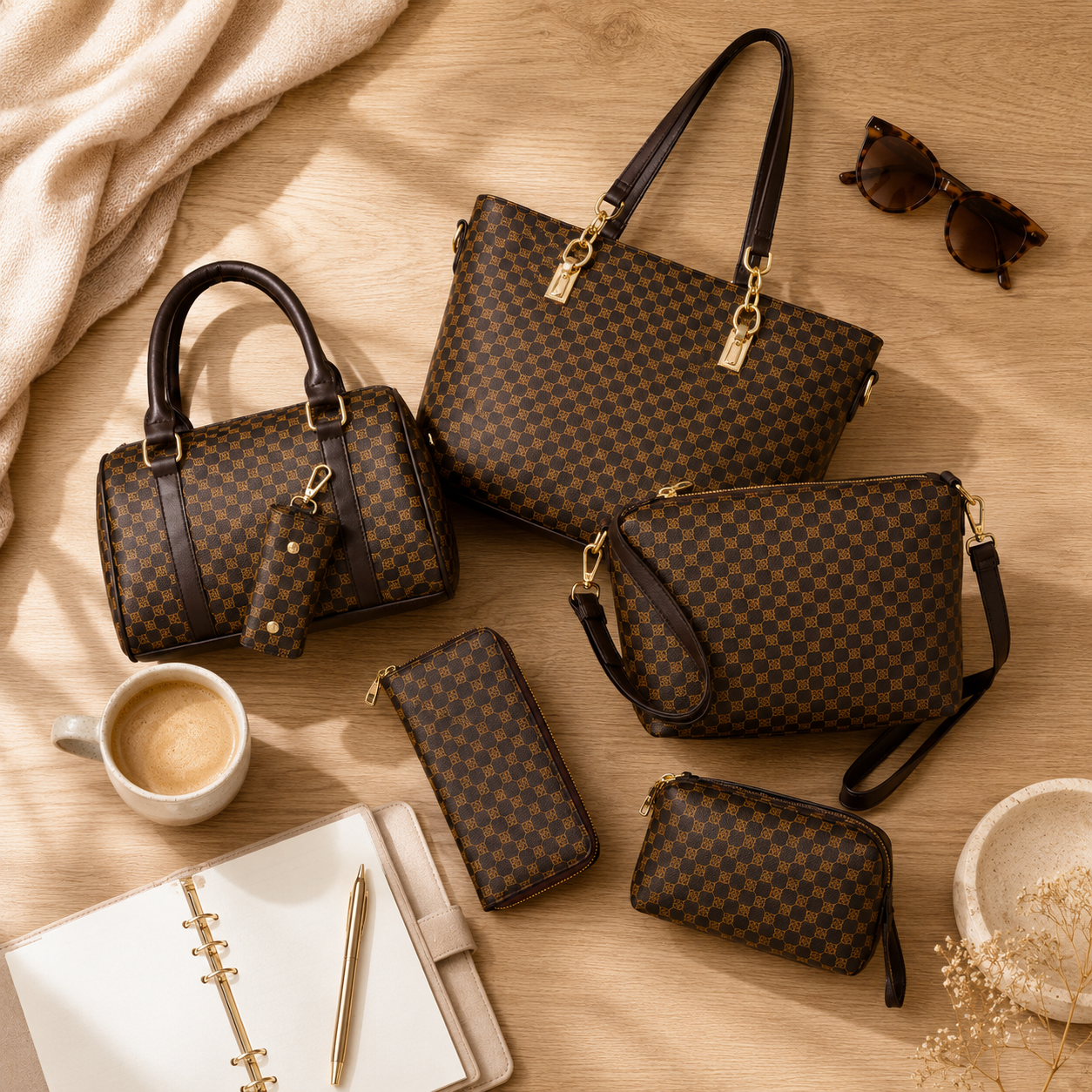 Carrelle – 6-Piece Checkered Handbag Set, Tote Crossbody Wallet for Women